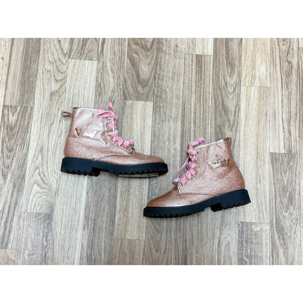 Disney Princess Rose Gold Glitter Combat Boots Pink Velvet Laces Size 1 Kids
